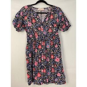 LOFT Floral Print Button Front Puff Sleeve Midi Dress‎ Womens XS Navy Pink Blue